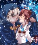  cape closed_eyes colorized european_clothes eyepatch fire_emblem fire_emblem_if hair_ornament japanese_clothes long_hair male_focus multiple_boys short_hair smile snowflakes snowing tsubaki_(fire_emblem_if) yaoi zero_(fire_emblem_if) zrtb_feif 