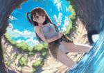  absurdres araragikoyomis breasts brown_eyes brown_hair cleavage day derivative_work highres long_hair outdoors perspective side_ponytail small_breasts solo wet wet_clothes 