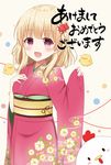  &gt;_&lt; :d akeome animal bangs beige_background bird blonde_hair blush breasts chick chicken chinese_zodiac closed_eyes commentary_request cowboy_shot eyebrows_visible_through_hair floral_print furisode hand_on_own_chest happy_new_year highres japanese_clothes kimono kinakon long_sleeves looking_at_viewer medium_breasts nengajou new_year obi open_mouth original photobomb pink_eyes pink_kimono sash smile solo wide_sleeves year_of_the_rooster 
