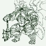  abs anthro axe belt biceps bulge claws clothed clothing dragon gloves hair horn hyper hyper_muscles kuroma male mask melee_weapon membranous_wings monochrome muscular pecs reptile scalie scarf shorts sketch solo spikes thick_tail thong triceps weapon wings 
