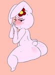  2015 anthro blush butt ears_down feet female flower flower_in_hair fur lagomorph looking_back looking_pleasured mammal open_mouth plant poppy_(mindnomad) presenting presenting_hindquarters purple_fur rabbit red_flower short_tail sitting slightly_chubby solo sprocket_(artist) sweat white_nose wide_hips 