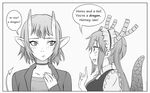  artist_name black_border blush border borrowed_character commentary dragon_girl dragon_horns dragon_tail english english_commentary gift_art greyscale horns horny_(arsenixc) kobayashi-san_chi_no_maidragon long_hair maid maid_headdress miura-n315 monochrome multiple_girls oni_horns original pointy_ears short_hair simple_background tail tooru_(maidragon) white_background 