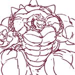  abs biceps bowser dragon hair horn hyper hyper_muscles koopa kuroma looking_at_viewer male mario_bros monochrome muscular nintendo pecs quads reptile scales scalie sharp_teeth shell sketch solo spikes teeth tongue triceps turtle video_games wide_hips 
