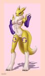 2017 anthro areola black_claws black_sclera blue_eyes breasts bridal_gauntlets canine claws clothing digimon english_text female fox fur looking_at_viewer mammal mostly_nude navel nipples pink_nipples pussy renamon signature smile solo text toe_claws tuft voider_(artist) white_fur yellow_fur 