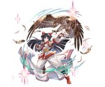  ainu_clothes bird black_hair blue_eyes bow feathers fingerless_gloves full_body gloves granblue_fantasy hair_bow hair_ribbon hairband hawk japanese_clothes long_hair mamahaha minaba_hideo nakoruru official_art red_bow ribbon samurai_spirits smile solo sparkle sword transparent_background weapon 