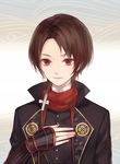  bad_id bad_pixiv_id brown_hair earrings hand_on_own_chest jewelry kashuu_kiyomitsu male_focus mole mole_under_mouth nail_polish ponytail red_eyes red_nails scarf smile solo touken_ranbu upper_body zek_(zecola) 
