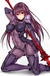  blue_gk blush bodysuit breasts covered_navel fate/grand_order fate_(series) gae_bolg highres kneeling large_breasts long_hair looking_at_viewer pauldrons polearm purple_bodysuit purple_hair red_eyes scathach_(fate)_(all) scathach_(fate/grand_order) simple_background smile solo spear weapon white_background 