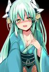  aqua_hair bangs blush breasts cleavage collarbone dark_background fate/grand_order fate_(series) horns japanese_clothes kimono kiyohime_(fate/grand_order) leaning_forward long_hair long_sleeves looking_at_viewer medium_breasts nose_blush obi open_mouth sash sen_(astronomy) sketch solo teeth wide_sleeves yellow_eyes 