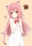  :t animal_ears bangs bare_shoulders blush bow breasts brown_background cat_ears cat_girl cat_tail closed_mouth commentary_request cowboy_shot detached_collar dress eyebrows_visible_through_hair fingers_together frilled_dress frills hair_between_eyes hands_up highres kinakon long_hair looking_at_viewer original pink_hair pout red_bow red_ribbon ribbon small_breasts solo squiggle tail translated twiddling_fingers v-shaped_eyebrows white_dress yellow_eyes 