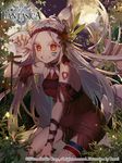  animal_ears armband bare_shoulders barefoot braid claws clenched_teeth facial_mark flower forest gyakushuu_no_fantasica hair_flower hair_ornament jewelry long_hair looking_at_viewer miniskirt nature necklace paw_pose red_eyes rwael skirt solo tail teeth tree twin_braids white_hair 