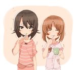  alknasn animal_print bangs bear_print boko_(girls_und_panzer) bow brown_eyes brown_hair brushing_teeth closed_eyes girls_und_panzer looking_at_viewer multiple_girls nishizumi_maho nishizumi_miho pajamas pants pink_pants pink_shirt shirt short_hair short_sleeves siblings side-by-side sisters sleepy standing striped striped_shirt toothbrush upper_body wince younger 