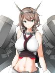  abs absurdres bangs breasts brown_hair closed_mouth commentary crop_top eyebrows_visible_through_hair gloves green_eyes hairband headgear highres kagerou_(gigayasoma) kantai_collection large_breasts looking_at_viewer midriff mutsu_(kantai_collection) navel rigging shirt short_hair simple_background sleeveless sleeveless_shirt smile solo tsurime white_background white_gloves 