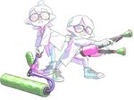  amano_yuusuke commentary highres inkling labcoat male_focus multiple_boys nogami_hisashi official_style pants pointy_ears pose real_life shoes shorukami simple_background smile sneakers splat_dualies_(splatoon) splat_roller_(splatoon) splatoon_(series) splatoon_2 sunglasses tentacle_hair white_background 