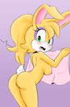  2016 anthro areola big_breasts blush breasts bunnie_rabbot butt clothing female fur hair hearlesssoul hi_res lagomorph long_hair looking_at_viewer looking_back mammal nipples nude open_mouth popon13 pussy rabbit raised_tail rear_view solo sonic_(series) surprise tongue 