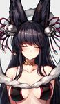  animal_ears arms_at_sides bangs bell black_hair blush breasts closed_eyes closed_mouth collar collarbone commentary_request erune eyebrows_visible_through_hair facing_viewer granblue_fantasy grey_background hair_bell hair_ornament highres jingle_bell large_breasts long_hair oyu_(sijimisizimi) revealing_clothes shawl simple_background smile solo upper_body yuel_(granblue_fantasy) 