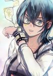  absurdres black_hair glasses highres midriff okuto original short_hair sketch solo yellow_eyes 