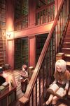  apron blue_eyes book boots brown_eyes brown_hair capelet carrying check_commentary commentary commentary_request highres indoors ladder library long_hair medium_hair meganejizou multiple_girls original reading silver_hair sitting skirt stairs walking 