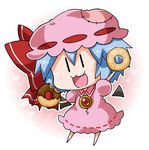  :3 :d bat_wings blue_hair blush bow brooch chibi commentary detached_wings doughnut dress food full_body gradient gradient_background hat hat_bow heart holding holding_food jewelry mob_cap noai_nioshi open_mouth patch pink_dress pink_hat puffy_short_sleeves puffy_sleeves red_bow remilia_scarlet ribbon-trimmed_clothes ribbon_trim short_hair short_sleeves smile solo touhou two-tone_background wings |_| 
