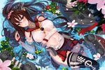  anchor black_legwear blush breasts brown_hair detached_sleeves flower kantai_collection large_breasts lying_on_water machinery navel ponytail red_eyes sekigan shirt single_thighhigh skirt solo thighhighs torn_clothes torn_shirt turret yamato_(kantai_collection) 