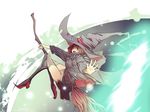  1girl akko_kagari boom boots breasts brown_hair flying hat highres little_witch_academia looking_at_viewer midair open_mouth panties red_hair smile solo staff underwear white_panties witch_hat 
