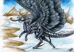  2013 ambiguous_gender black_feathers black_scales blue_eyes day dragon feathered_wings feathers feral natoli nude open_mouth outside scales sky smile standing teeth tongue traditional_media_(artwork) wings 