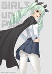  2016 :d anchovy anzio_school_uniform artist_name ass bangs black_skirt breasts brown_eyes copyright_name cowboy_shot dated drill_hair eyebrows_visible_through_hair from_behind girls_und_panzer green_hair grey_background hands_on_hips long_hair medium_breasts miyai_sen open_mouth pantyhose pleated_skirt simple_background skirt smile solo teeth thighs twintails v-shaped_eyebrows watermark white_legwear 