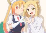  :d ;3 absurdres blonde_hair commentary_request crossover demi-chan_wa_kataritai double_bun dragon_girl dragon_tail dress_shirt fang gloves gradient_hair heart heart_hands heart_hands_duo highres horns kobayashi-san_chi_no_maidragon long_hair looking_at_viewer maid maid_headdress multicolored_hair multiple_girls necktie one_eye_closed open_mouth orange_hair red_eyes season_connection seno_(nanrandesu) shirt short_hair slit_pupils smile tail takanashi_hikari tooru_(maidragon) twintails upper_body vampire white_gloves white_shirt 