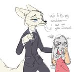  anthro blue_eyes blush canine clothed clothing crossdressing dialogue disguise disney dress duo embarrassed english_text female fox jack_savage lagomorph male mammal nobody_(artist) rabbit size_difference skye_(zootopia) suit text zootopia 