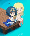  &gt;_&lt; animated animated_gif awa bangs barefoot bikini blonde_hair blue_eyes blue_hair blue_sailor_collar blush_stickers chibi closed_eyes dock eating fish fishing fishing_line fishing_rod gen_7_pokemon green_eyes lillie_(pokemon) long_hair multiple_girls navel pokemon pokemon_(creature) pokemon_(game) pokemon_sm popplio sailor_collar sandals short_hair sitting sleeveless smile suiren_(pokemon) swimsuit water wishiwashi 