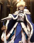  ahoge armor artoria_pendragon_(all) bangs blonde_hair blue_dress blurry bokeh braid breastplate cloak closed_mouth depth_of_field dress excalibur eyebrows_visible_through_hair fate/stay_night fate_(series) faulds feet_out_of_frame french_braid frown fur_trim gauntlets green_eyes hair_between_eyes highres holding holding_sword holding_weapon indoors light_particles looking_at_viewer pelvic_curtain saber shiguru sidelocks solo standing sword weapon 