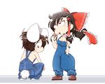  animal_ears backless_outfit blush bow breasts bunny_ears bunny_tail cleavage commentary_request hair_bow hair_tubes hakurei_reimu inaba_tewi long_hair multiple_girls naked_overalls nanigashi_yakko overalls playing_with_own_hair red_eyes short_hair sideboob small_breasts suspenders tail touhou 