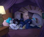  anthro bed black_hair blue_eyes canine clothing cuddling diaper dog feline friendship_is_magic fur hair hand_holding husky invalid_tag leggings legwear leopard mammal my_little_pony pajamas purple_eyes romantic_couple wen 