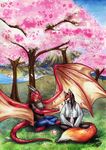  2013 anthro black_hair canine day detailed_background dragon duo fox grass hair horn male mammal membranous_wings natoli outside sky smile traditional_media_(artwork) tree wings 