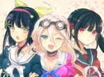  barbed_wire black_hair blonde_hair blue_eyes chabashira_tenko danganronpa goggles goggles_on_head green_eyes hair_ribbon harukawa_maki iruma_miu kime_(kmx) locked_arms mole mole_under_mouth multiple_girls neckerchief new_danganronpa_v3 pink_background red_eyes red_scrunchie ribbon school_uniform scrunchie serafuku simple_background smile sparkle twintails upper_body 