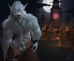  2016 abs animal_genitalia anthro balls beard belt biceps biped black_claws black_lips black_nose brown_bottomwear brown_clothing building canine claws clothed clothing cloud detailed_background digital_media_(artwork) eyebrows facial_hair front_view full_moon fur genn_greymane glowing glowing_eyes hair lips looking_at_viewer male mammal moon muscular muscular_male night outside pants pants_down partially_clothed pecs penis penis_tip pointy_ears portrait raised_eyebrow sheath signature sky smile smirk smoke solo standing teeth three-quarter_portrait topless tower undressing video_games village warcraft were werewolf white_balls white_fur white_hair worgen zomacaius 