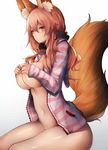  animal_ears bad_id bad_twitter_id breasts commentary_request covering_nipples fate/extra fate_(series) fox_ears fox_tail hair_ornament hair_scrunchie hood hoodie inaba_sunimi large_breasts long_sleeves naked_hoodie navel no_bra no_panties pink_hair scrunchie shirt smile solo striped striped_hoodie tail tamamo_(fate)_(all) tamamo_no_mae_(fate) yellow_eyes 