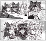  4girls animal_ears artist_request bare_shoulders bell black_hair black_sclera blush bow breasts burning_eyes cat_ears cheshire_cat_(monster_girl_encyclopedia) collar disembodied_limb dog_ears english fur grey_skin hair_bow hellhound large_breasts long_hair manticore_(monster_girl_encyclopedia) monster_girl monster_girl_encyclopedia multicolored_hair multiple_girls open_mouth petting raijuu_(monster_girl_encyclopedia) smile tail two-tone_hair 