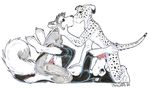  2005 anthro armpits canine dalmatian dog erection fur group group_sex husky jessica_willard kissing knot male male/male mammal nipples nude oral penis sex simple_background threesome tongue traditional_media_(artwork) white_background 