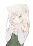  animal_ears bangs blue_eyes blush cat_ears cat_girl closed_mouth dress green_dress grey_hair hands_in_opposite_sleeves long_hair looking_at_viewer lpip original own_hands_together simple_background solo upper_body white_background 