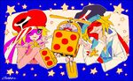  1girl bandana black_border blonde_hair bodysuit border cabbie_hat chin_rest domino_mask gloves green_eyes hat kaminari_ai mask noaki omotchama pink_bodysuit purple_gloves red_gloves robot short_hair signature smile star takada_gan time_bokan_(series) yatterman 