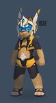  armor bulge canine clothing cub cute_fangs dog english_text fist footwear helmet looking_at_viewer male mammal midriff navel open_mouth rokuya sandals slim smile solo standing superhero text tight_clothing vest young 