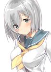 absurdres aqua_eyes bangs between_breasts blush breasts commentary_request eyebrows_visible_through_hair eyes_visible_through_hair hair_ornament hair_over_one_eye hairclip hamakaze_(kantai_collection) highres kantai_collection large_breasts looking_at_viewer natsu_(sinker8c) neckerchief reaching_out school_uniform self_shot serafuku short_hair silver_hair simple_background smile solo strap_cleavage upper_body white_background yellow_neckwear 