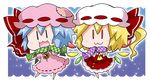  2girls :3 ascot bat_wings blonde_hair blue_hair blush bow brooch buttons chibi commentary crystal detached_wings dress flandre_scarlet full_body gradient gradient_background hat hat_bow jewelry mob_cap multiple_girls noai_nioshi one_side_up open_mouth patch pink_dress pink_hat puffy_short_sleeves puffy_sleeves red_bow red_eyes red_skirt red_vest remilia_scarlet ribbon-trimmed_clothes ribbon_trim scarf short_hair short_sleeves siblings sisters skirt skirt_set snow touhou vest white_hat wings |_| 