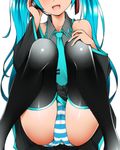  aqua_hair boots detached_sleeves dr_rex hatsune_miku head_out_of_frame long_hair panties solo squatting striped striped_panties thigh_boots thighhighs twintails underwear very_long_hair vocaloid 