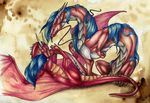  2014 blue_hair dragon duo female feral hair horn lying male membranous_wings natoli nude on_back smile spines traditional_media_(artwork) watermark wings 