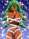  1girl arm_behind_back bare_shoulders bell bell_collar blue_background blush breasts brown_hair choker christmas_ornaments collar covering cowboy_shot dark_skin gradient gradient_background green_hair hair_ornament hand_on_own_chest inabakun00 large_breasts looking_at_viewer nude_cover original pointy_ears smile solo sparkle sparkle_background standing star star_hair_ornament tree_girl_(inaba) 