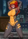  1girl bodysuit breasts cosplay dark_skin dc_comics full_body gloves haarmades large_breasts muscle original pixie_cut red_hair solo vixen_(dc) yellow_eyes 