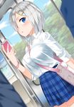  arm_at_side between_breasts blouse blue_eyes blue_skirt blurry breasts casual cellphone depth_of_field dutch_angle eyes_visible_through_hair from_side hair_over_one_eye hamakaze_(kantai_collection) holding holding_phone kantai_collection large_breasts looking_at_viewer phone plaid plaid_skirt pleated_skirt short_hair silver_hair skirt smartphone solo strap_cleavage train_interior white_blouse yasuto_(eria151) 