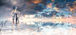  barefoot cello closed_eyes cloud dress highres horizon instrument landscape music original reflection salt_flats short_hair sky solo transparent water watermark wenqing_yan 