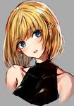  bangs blonde_hair blue_eyes blush breasts commentary earrings eyebrows_visible_through_hair grey_background halter_top halterneck head_tilt highres jewelry large_breasts looking_at_viewer open_mouth original oyu_(sijimisizimi) shirt short_hair simple_background sketch sleeveless sleeveless_shirt smile solo teeth upper_body 